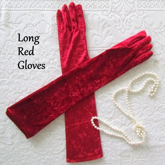 LONG RED GLOVES, M-L, ABOVE-THE-ELBOW SHINY VELOUR: COSTUME, STAGE, SALOON GIRL - Picture 1 of 4